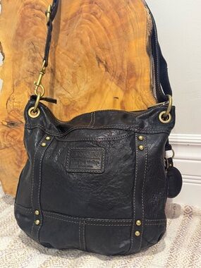 Fossil Gwen Vintage Black Leather Hobo Crossbody Bag Key Charm